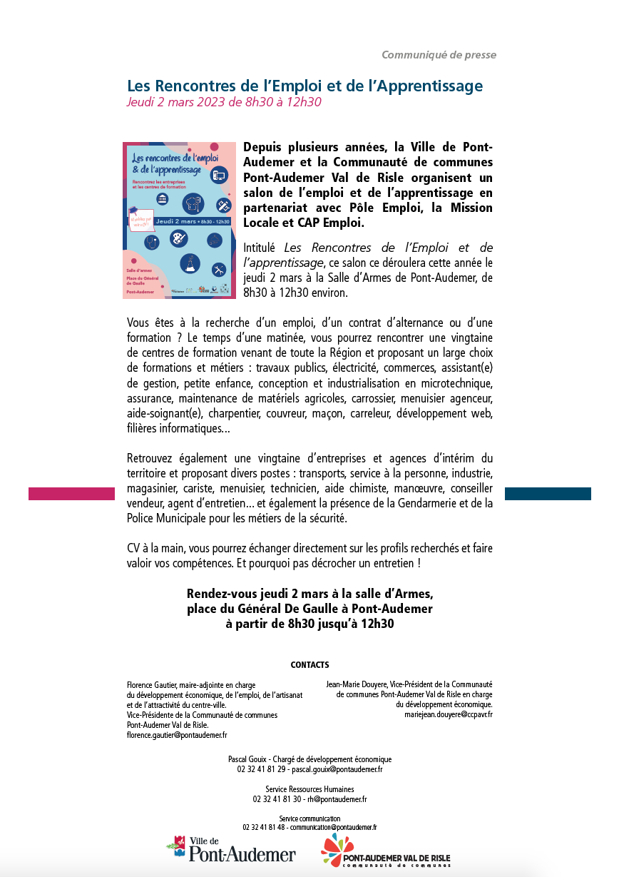 communiqué de presse au sujet du salon de l'emploi et l'apprentissage du 2 mars 2023