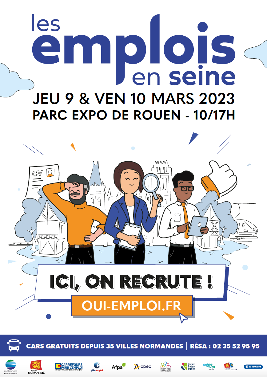 affiche du salon les emplois en seine, présent au parc expo de Rouen le 9 et le 10 mars prochain